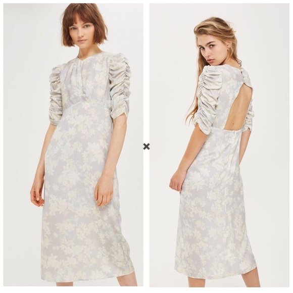 Topshop Dresses & Skirts - Topshop Grey Satin Floral Print Midi Shift Puff Sleeve Dress Size 6